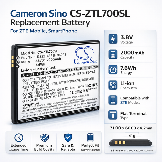 3.8V, Li-ion, 2000mAh, Mobile, SmartPhone battery fits ZTE, LI3822T43P3H716043, Blade A30, Blade A320, 7.6Wh Mobile, SmartPhone Cameron Sino Technology Limited