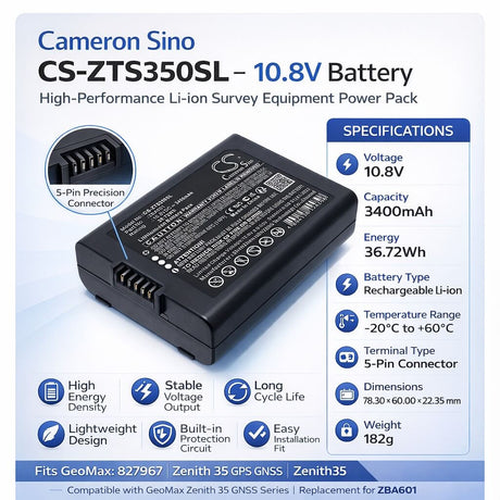 10.8V, Li-ion, 3400mAh, Equipment, Survey, Test battery fits GeoMax, 827967, Zenith 35 GPS GNSS, Zenith35, 36.72Wh Equipment, Survey, Test Cameron Sino Technology Limited
