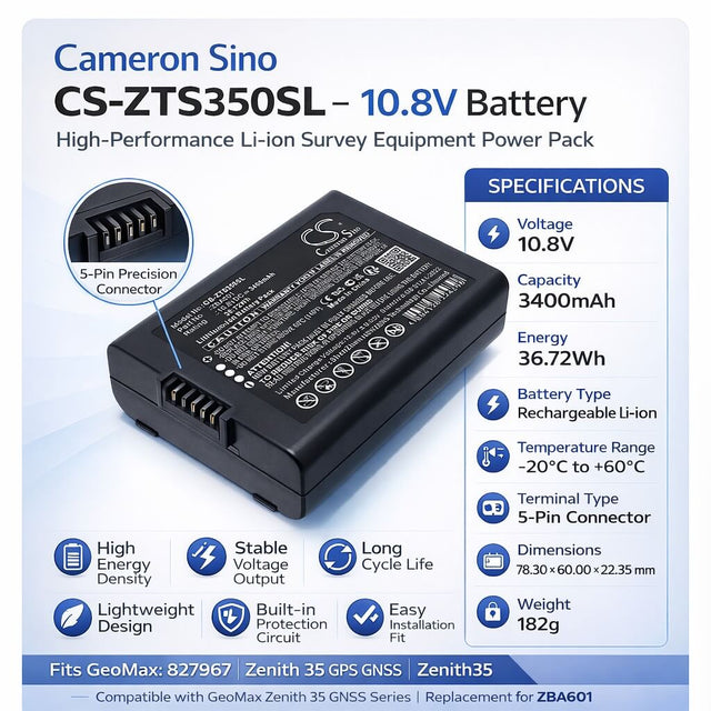 10.8V, Li-ion, 3400mAh, Equipment, Survey, Test battery fits GeoMax, 827967, Zenith 35 GPS GNSS, Zenith35, 36.72Wh Equipment, Survey, Test Cameron Sino Technology Limited
