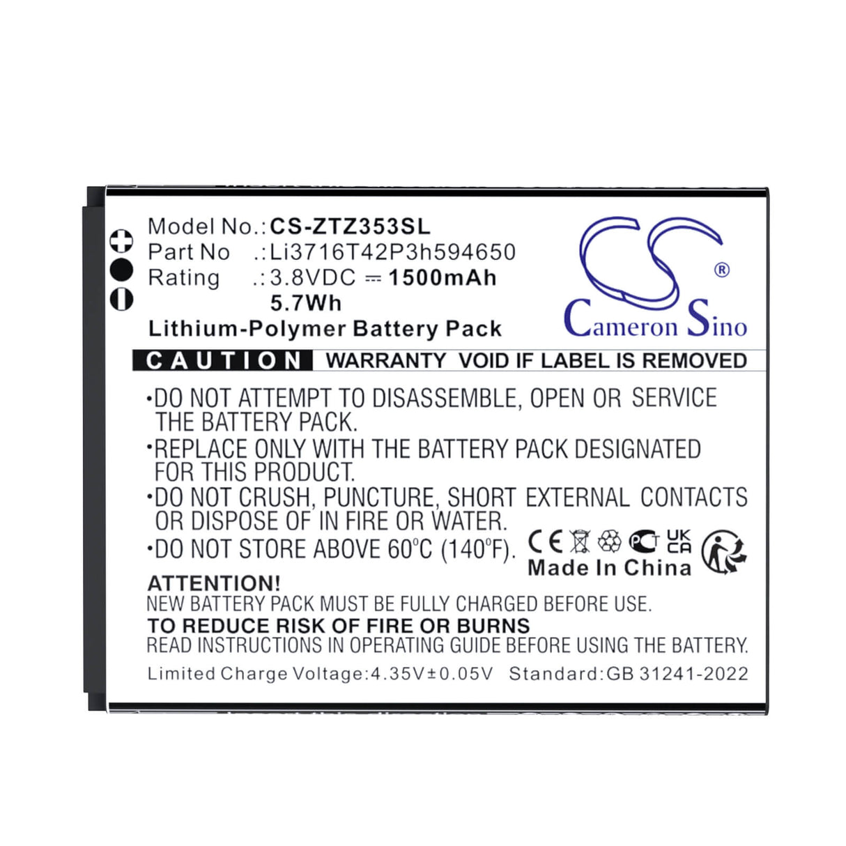 3.8V, Li-Polymer, 1500mAh, Mobile, SmartPhone battery fits Zte, Li3716T42P3h594650, 353VL, 5.7Wh Mobile, SmartPhone Cameron Sino Technology Limited