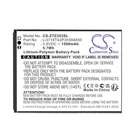 3.8V, Li-Polymer, 1500mAh, Mobile, SmartPhone battery fits Zte, Li3716T42P3h594650, 353VL, 5.7Wh Mobile, SmartPhone Cameron Sino Technology Limited