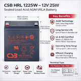 CSB HRL1225W Battery, 12V, 25W 5.8Ah with F2 terminals Sealed Lead Acid (Special) CSB