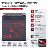 CSB HRL1225W Battery, 12V, 25W 5.8Ah with F2 terminals Sealed Lead Acid (Special) CSB
