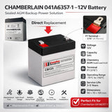 041A6357-1 for Chamberlain garage door opener, 12V 5Ah Sealed Lead Acid BB Generic