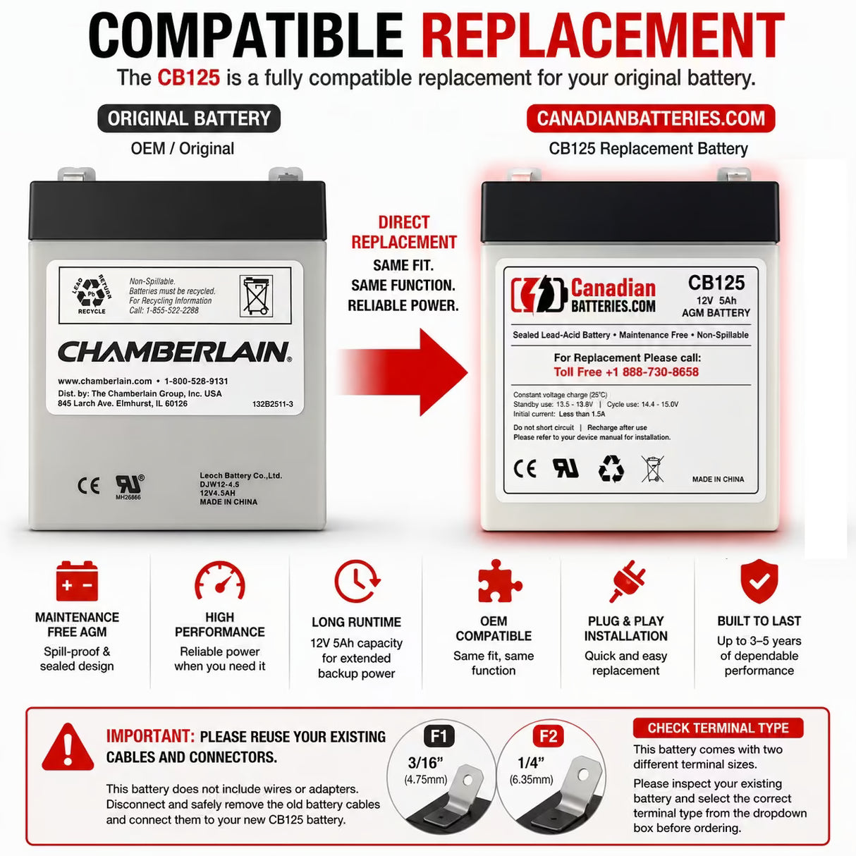 Chamberlain 1 HP Belt Drive 12V 5Ah garage door opener battery Sealed Lead Acid CB Generic