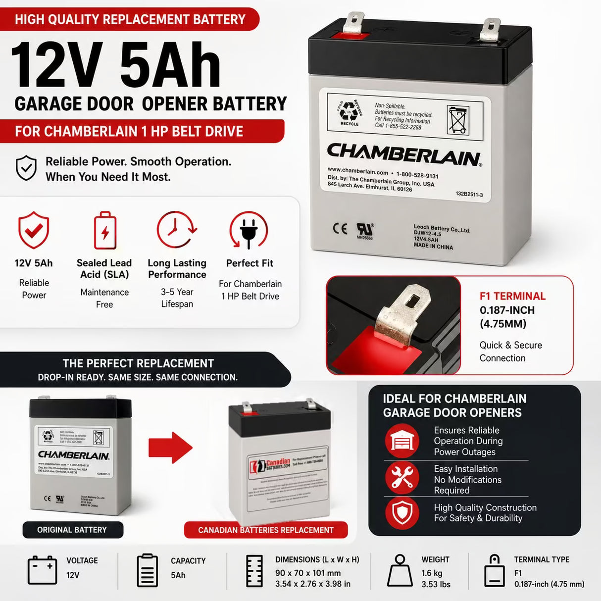 Chamberlain 1 HP Belt Drive 12V 5Ah garage door opener battery Sealed Lead Acid CB Generic F1 Terminal - 0.187-inch (4.75 mm)