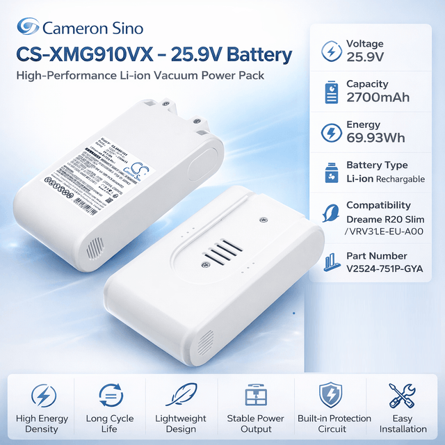 25.9V, Li-ion, 2700mAh, Vacuum battery fits Dreame, V2524-7S1P-GYA, R20 Slim, VRV31E-EU-A00, 69.93Wh Vacuum Cameron Sino Technology Limited