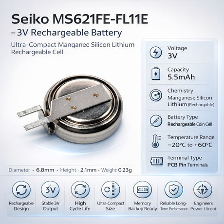 Seiko MS621FE-FL11E 3v, 5.5mah rechargeable coin cell Coin Cell Batteries Seiko