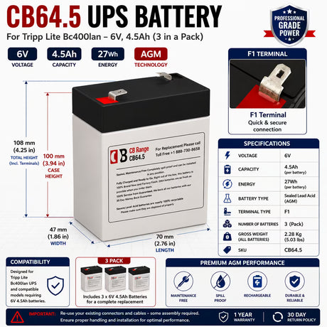 Tripp Lite BC400LAN UPS Battery Replacement 3 Pack 6V 4.5Ah AGM UPS Batteries CB Range