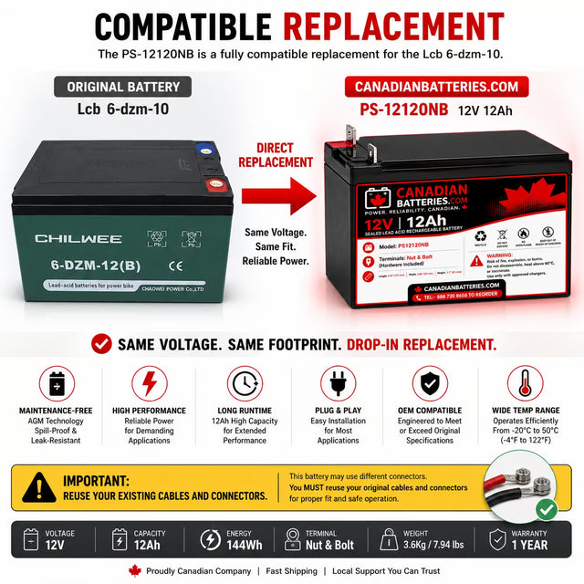 12V, 12Ah, replacement battery for Chilwee 6-dzm-12 with Nut & Bolt terminals Sealed Lead Acid (Special) CB Range