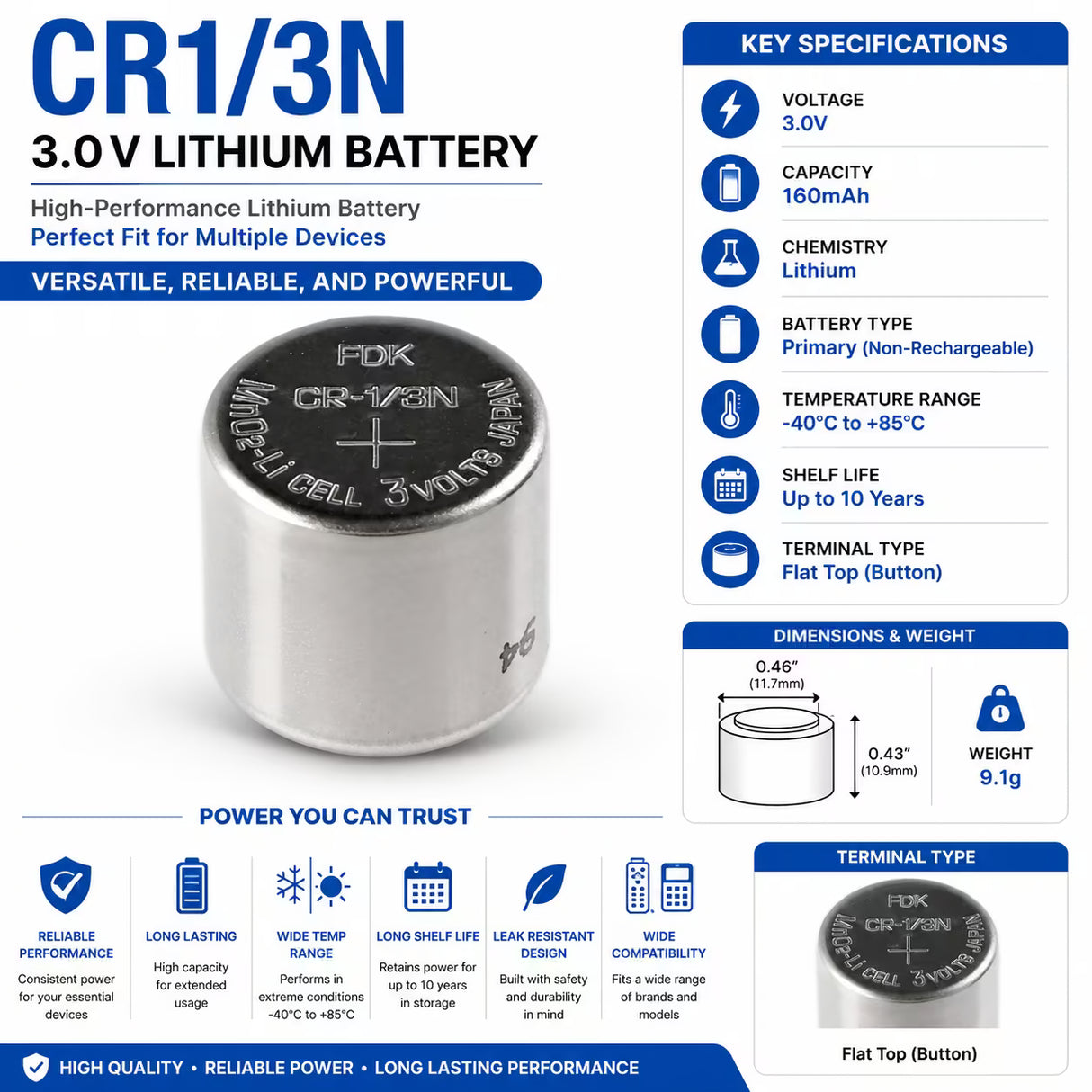 CR1/3N 3V Fdk-sanyo Lithium Battery 160mAh Replacement Cell Other CB Range Bare Cell