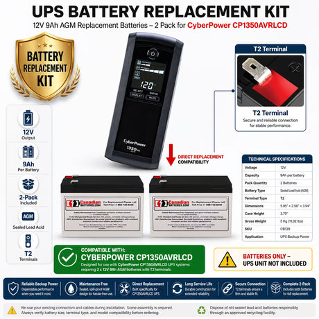 CyberPower CP1350AVRLCD UPS Battery Replacement 2 Pack 12V 9Ah AGM UPS Batteries CB Range