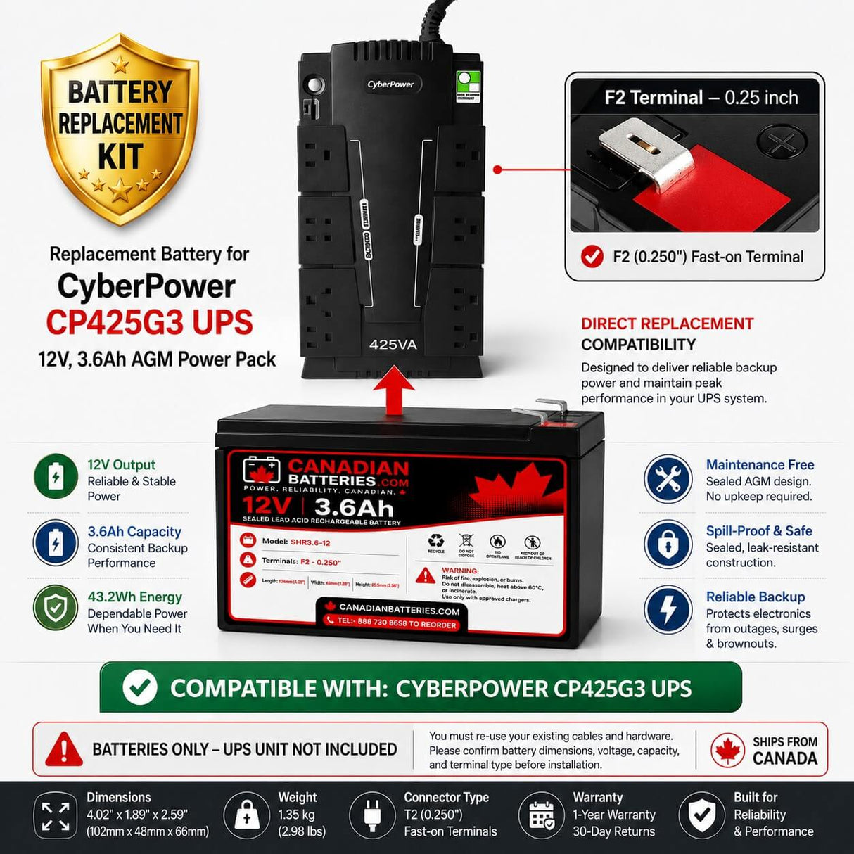 UPS Battery For Cyberpower CP425G3, 350 / 425 VA / 1 X 12v, 3.6ah UPS Batteries CB Range