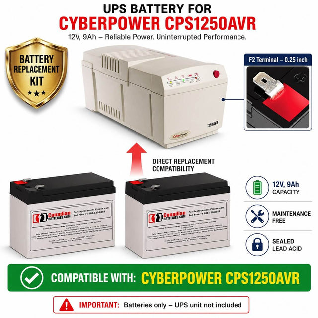 CyberPower CPS1250AVR UPS Battery Kit 12V 9Ah 2 Pack UPS Batteries CB Range