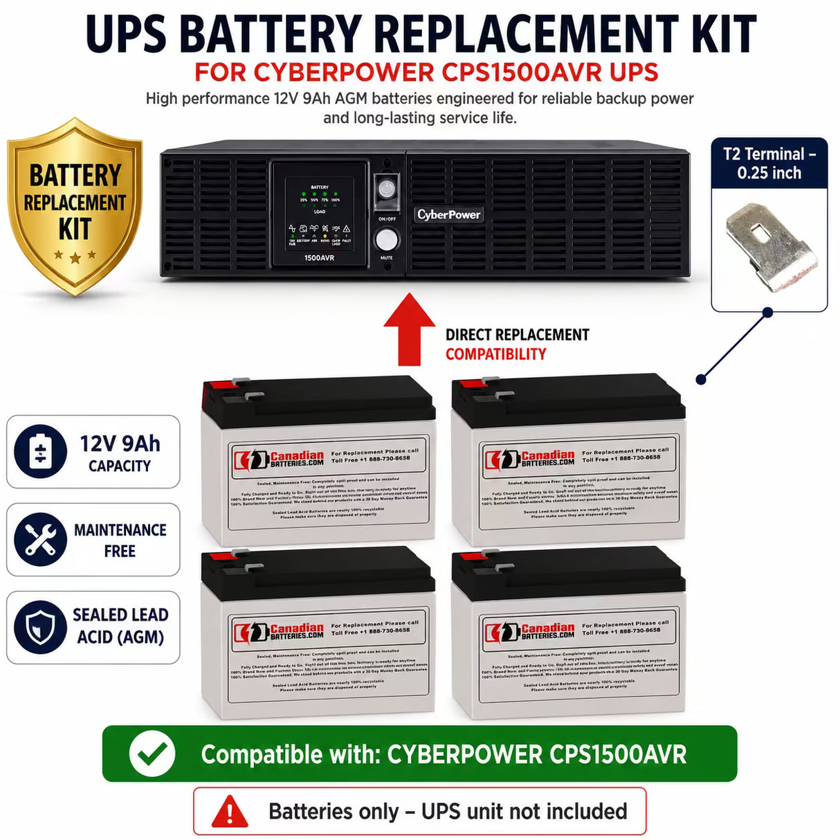 CyberPower CPS1500AVR 12V 7Ah AGM UPS Battery Kit 4 Pack UPS Batteries CB Range Extended Battery (9Ah)