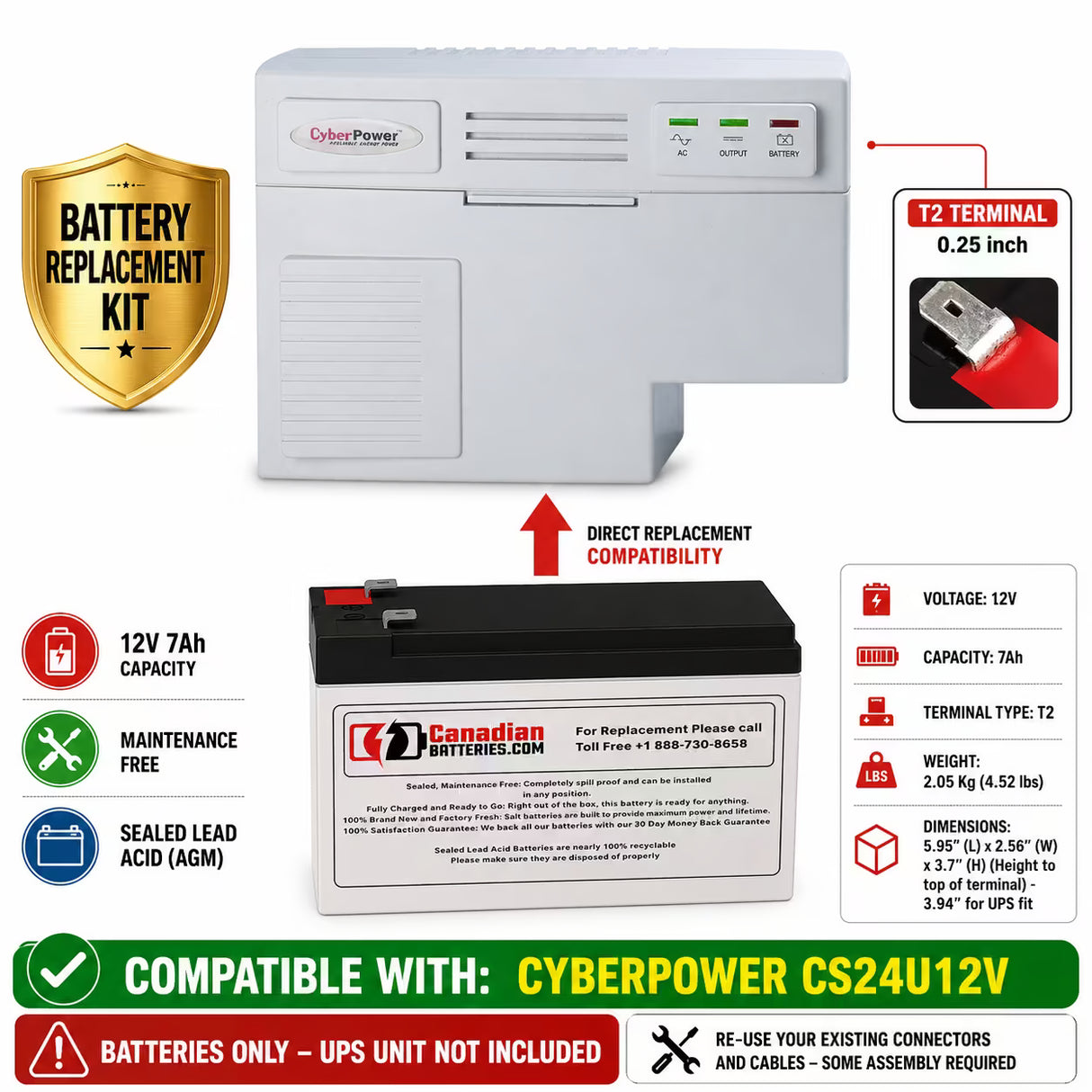Cyberpower Cs24u12v UPS Replacement Battery 12V 7Ah AGM T2 1 Pack UPS Batteries CB Range