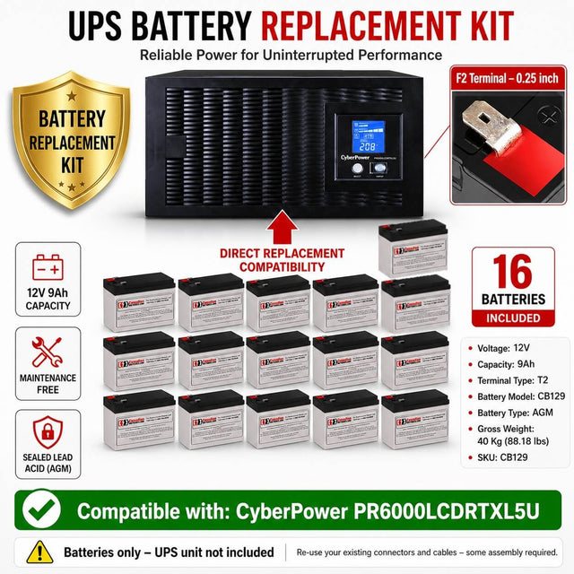 Batteries For Cyberpower Pr6000lcdrtxl5u UPS, 16 X 12v, 9ah - 6000 VA, 4500 W UPS Batteries CB Range