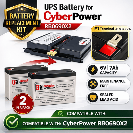 Batteries For Cyberpower Rb0690x2 UPS, 2 X 6v, 7ah - 42wh UPS Batteries CB Range
