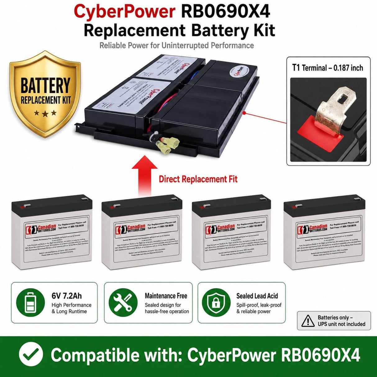 Batteries For Cyberpower Rb0690x4 UPS, 4 X 6v, 7.2ah - 43.2wh UPS Batteries CB Range