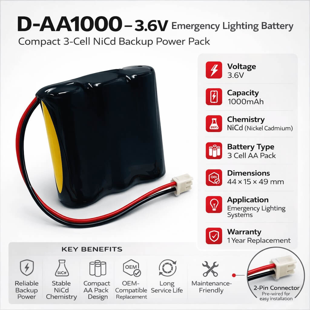 Emergency Light and Exit Sign battery replaces D-AA1000, 3.6V 1000Mah Emergency Lighting BB Generic