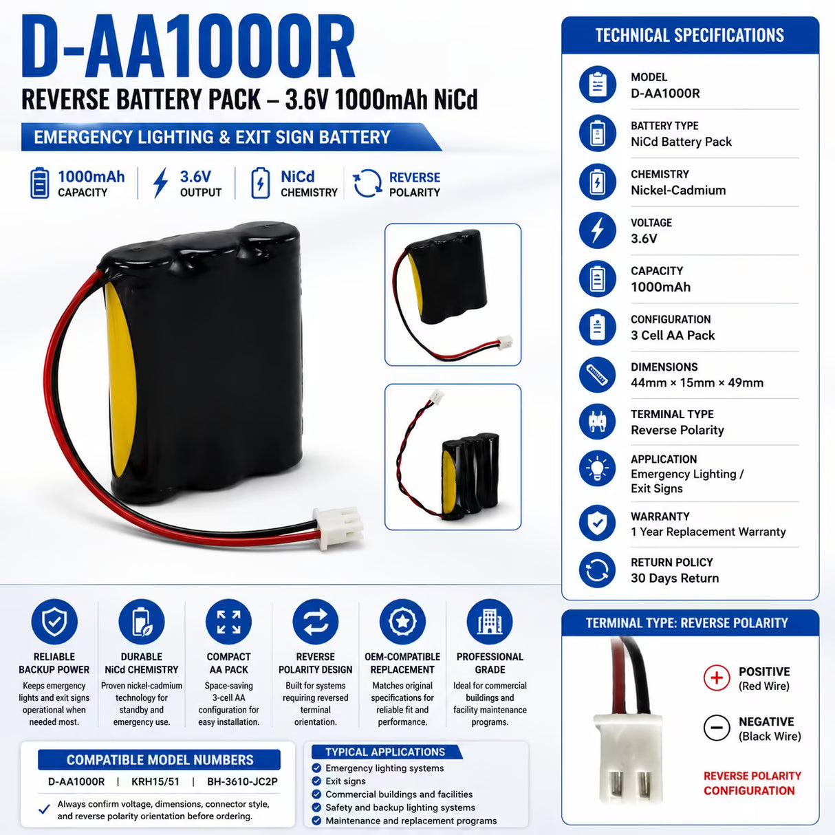 Emergency Light and Exit Sign battery replaces D-AA1000, Reverse version, 3.6V 1000Mah Emergency Lighting BB Generic