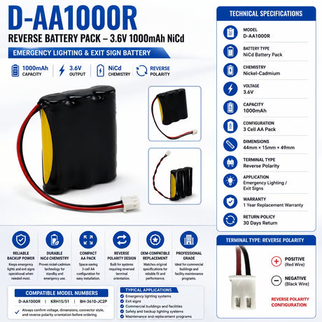 Emergency Light and Exit Sign battery replaces D-AA1000, Reverse version, 3.6V 1000Mah Emergency Lighting BB Generic