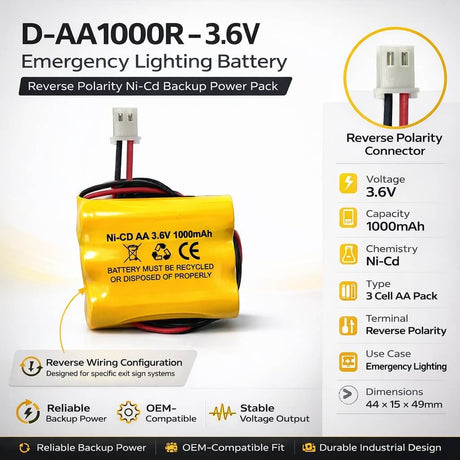 Emergency Light and Exit Sign battery replaces D-AA1000, Reverse version, 3.6V 1000Mah Emergency Lighting BB Generic
