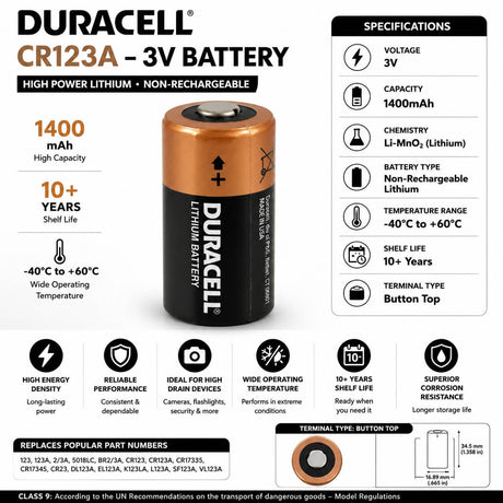 Duracell 3v Dl123a 1400mah Lithium Battery Replaces Cr123, Cr123a - Non Rechargeable Lithium Cell Duracell