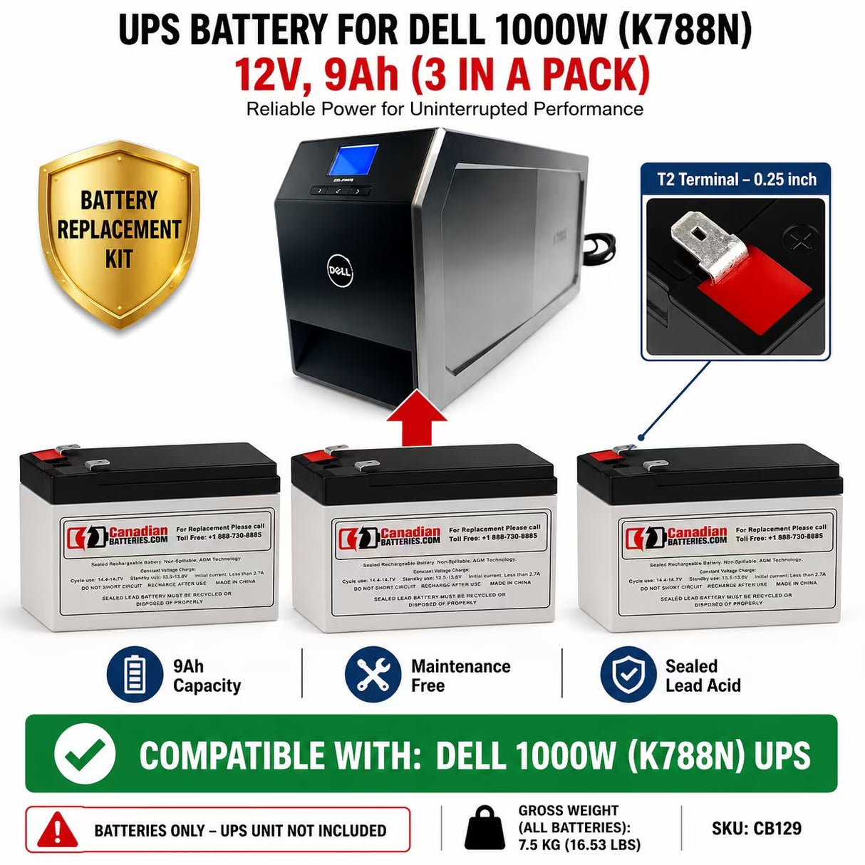 Dell 1000W K788N UPS Battery Replacement 12V 9Ah AGM 3 Pack UPS Batteries CB Range