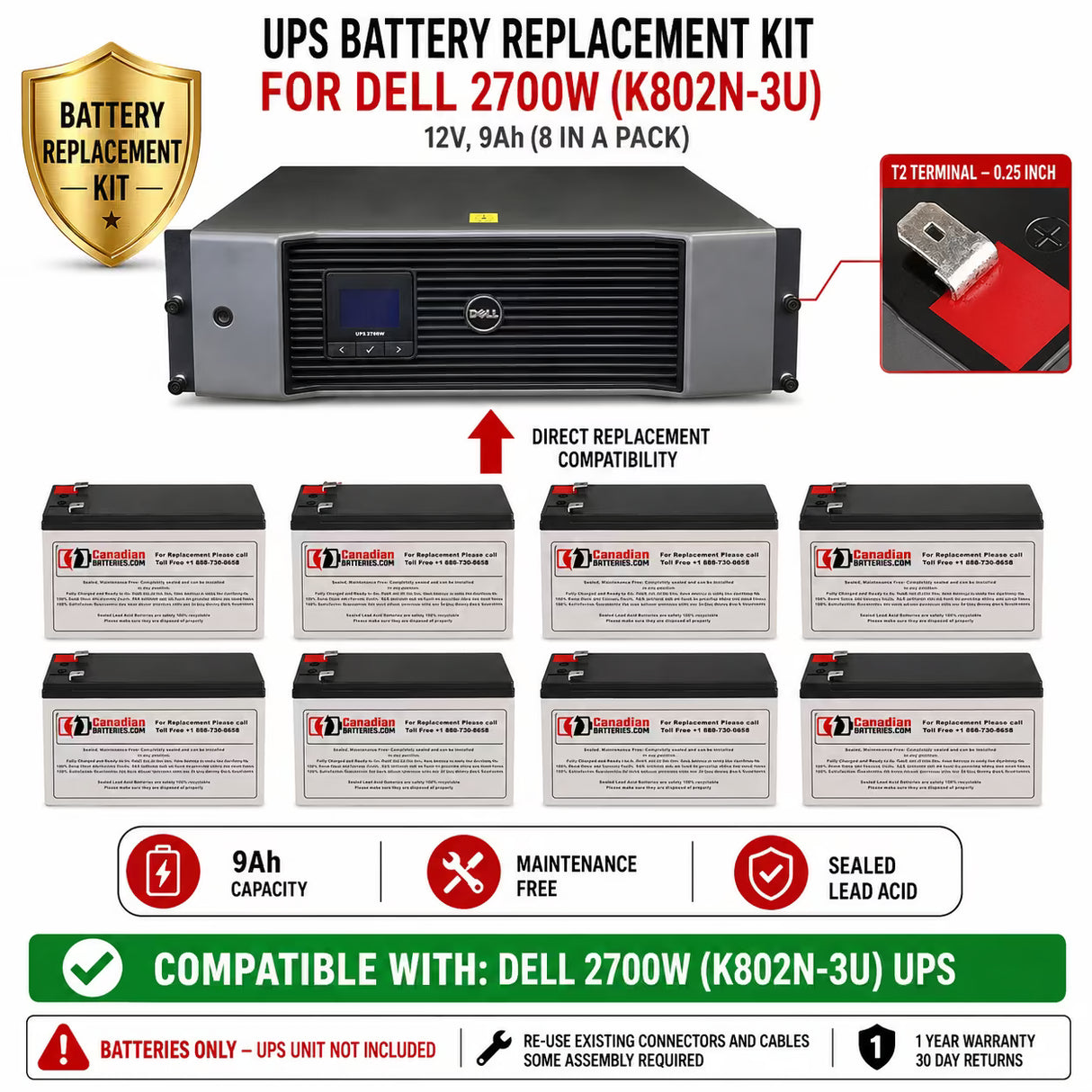 Dell 2700W K802N-3U UPS Battery Replacement 12V 9Ah 8 Pack UPS Batteries CB Range