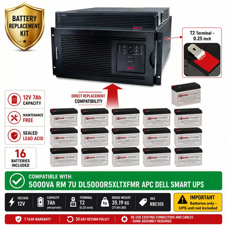 RBC105 Replacement Battery Kit for DL5000R5XLTXFMR UPS 16x 12V 7Ah UPS Batteries CB Range