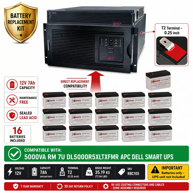 RBC105 Replacement Battery Kit for DL5000R5XLTXFMR UPS 16x 12V 7Ah UPS Batteries CB Range