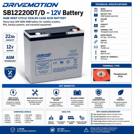 6-dzm-20 12 Volt 22 Ah Deep Cycle Scooter Battery Threaded Sealed Lead Acid DriveMotion