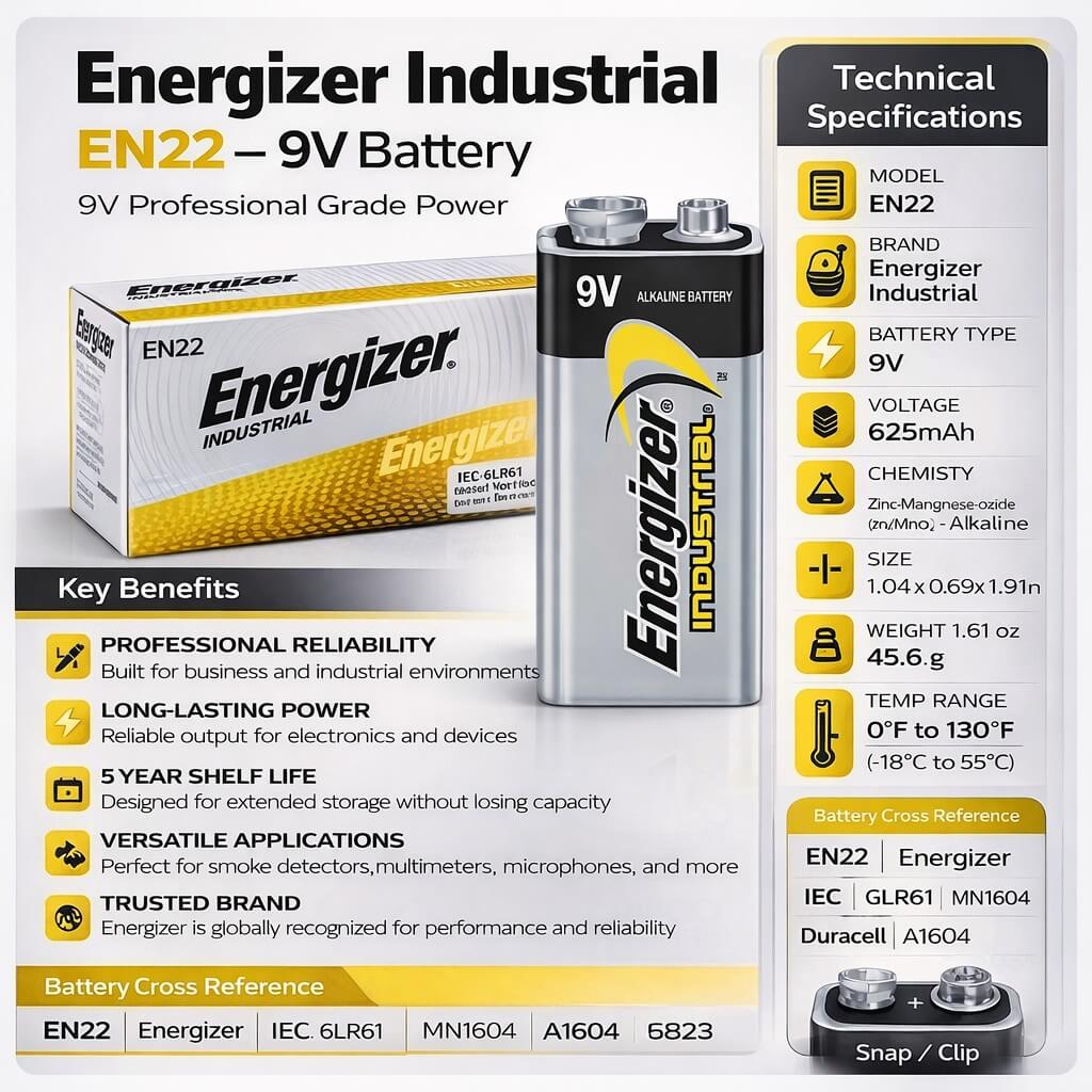 Energizer Industrial 9v Alkaline Battery En22- Non Rechargeable Other Energizer