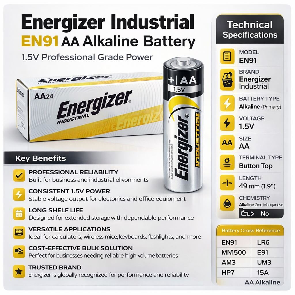 Energizer Aa Industrial En91 Alkaline Battery 1.5v Lr06 Other Energizer