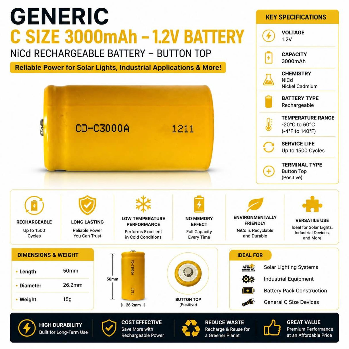 Generic C Button Top Nicd Rechargeable Battery - 3000 Mah Other CB Range