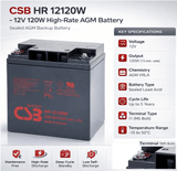 CSB HR 12120W 12V 120W High-Rate AGM Battery for UPS & Standby Power Sealed Lead Acid (Special) CSB