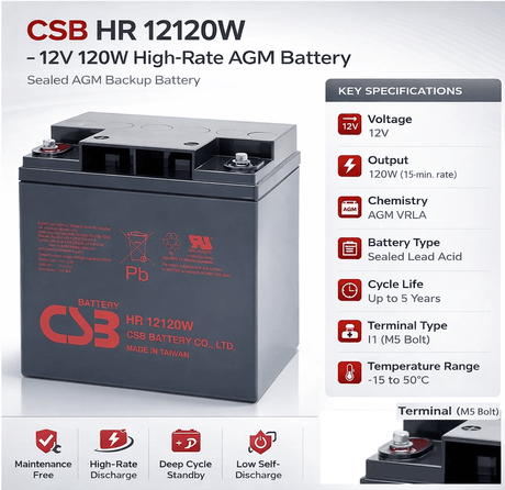 CSB HR 12120W 12V 120W High-Rate AGM Battery for UPS & Standby Power Sealed Lead Acid CSB