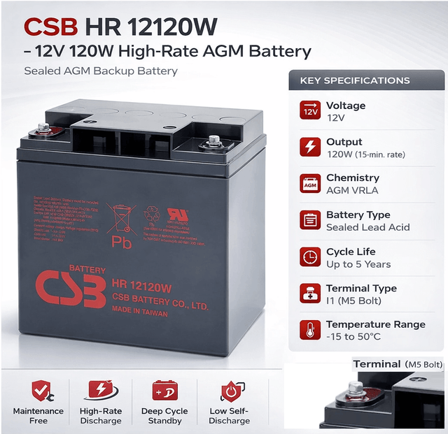 CSB HR 12120W 12V 120W High-Rate AGM Battery for UPS & Standby Power Sealed Lead Acid (Special) CSB
