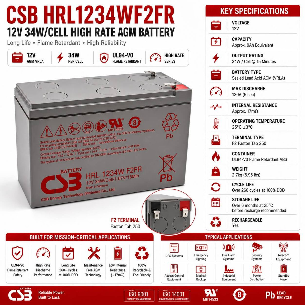 CSB HRL1234WF2FR Battery 12V 9Ah Long Life Flame Retardant AGM SLA Battery