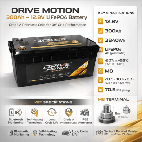 300Ah LifePo4, 12V (4D) 3840Wh, with Bluetooth and self heating battery Lithium Cell DriveMotion
