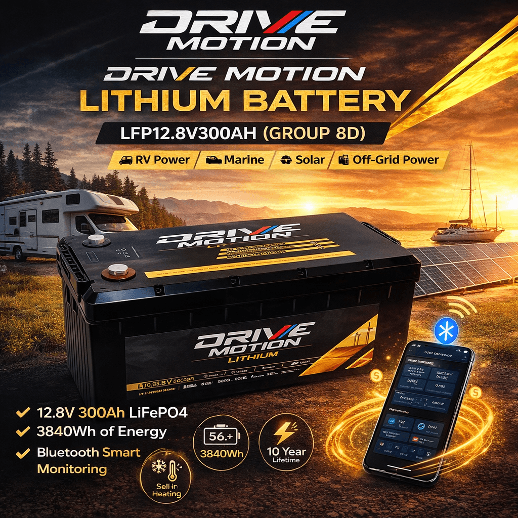 300Ah LifePo4, 12V (4D) 3840Wh, with Bluetooth and self heating battery Lithium Cell DriveMotion