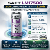 Saft LM17500 A Size 3V Lithium Cylindrical Battery Cell, Intrinsically Safe Design