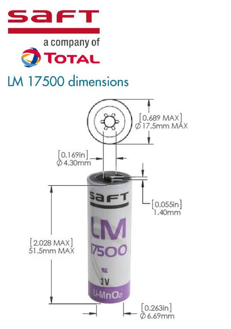 Saft LM17500 A Size 3V Lithium Cylindrical Battery Cell, Intrinsically Safe Design Saft Batteries Saft Lithium Batteries