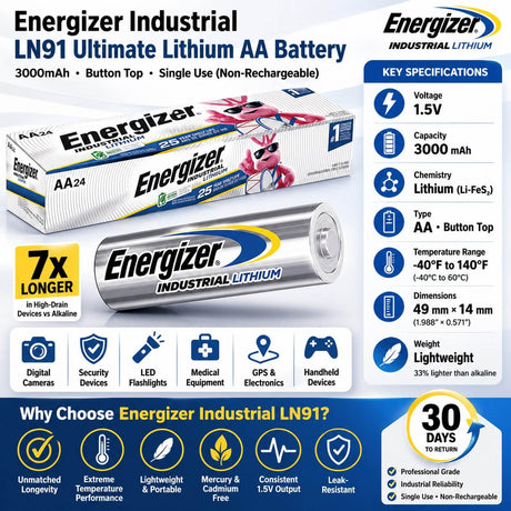 LN91 Energizer Aa Industrial Lithium Battery 1.5v Extra Long Runtime 3000mah - Non Rechargeable Other Energizer
