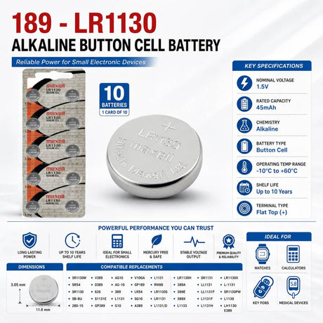 189 - Lr1130 1.5 Volt Alkaline Battery Replacement (Card of 10) Coin Cell Batteries Maxell