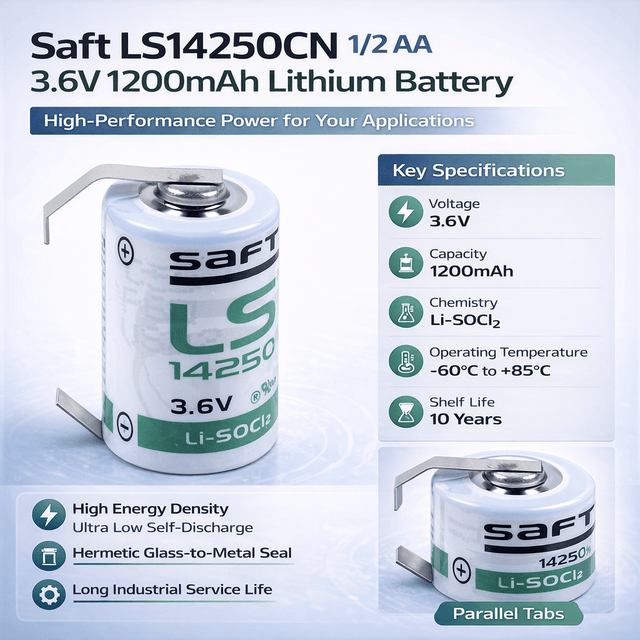 Saft Lithium Battery Ls14250, 1/2 Aa 3.6v 1200mah With Parallel Tabs Saft Batteries Saft Lithium Batteries