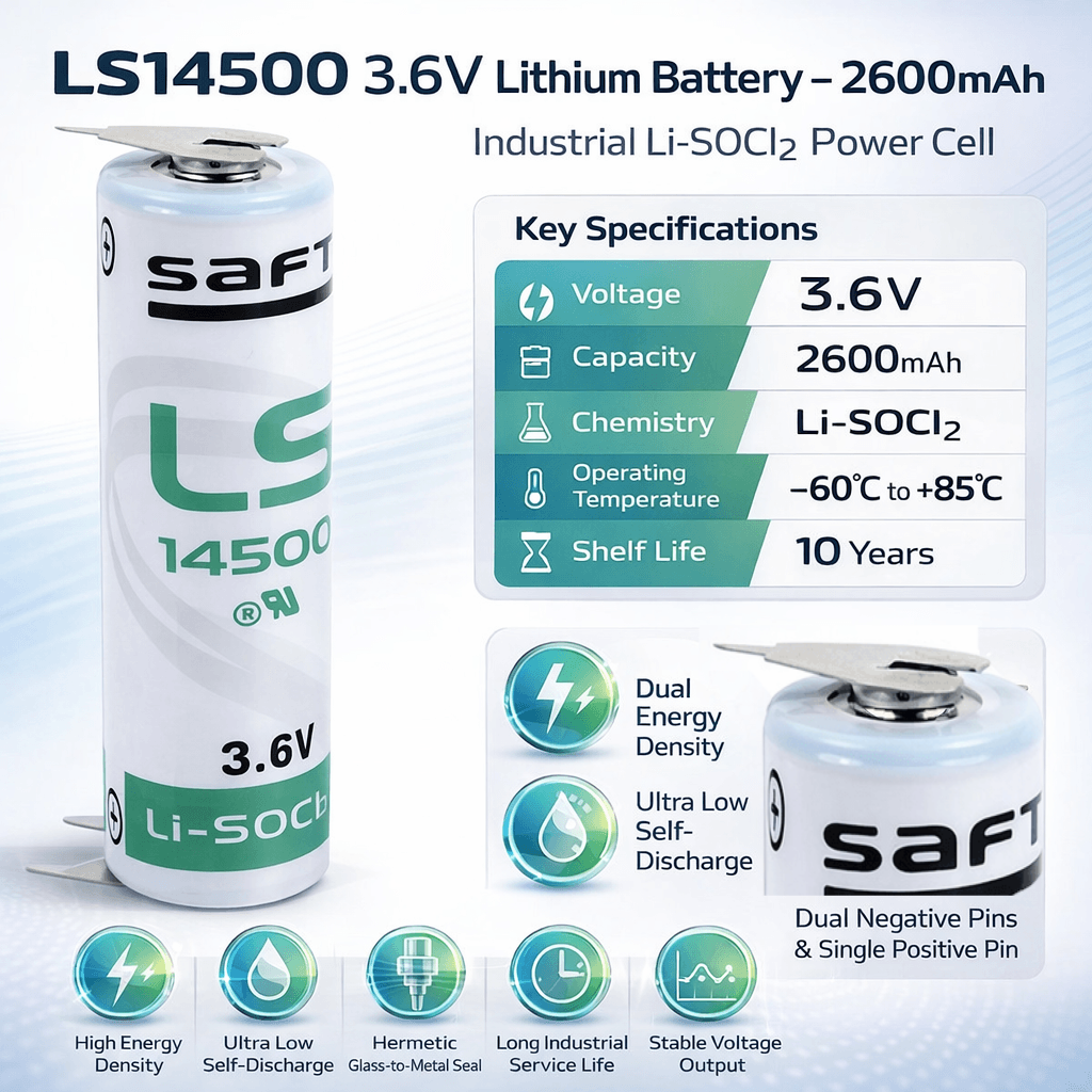 Saft Ls14500 Aa Lithium Battery 3.6v 2600mah With Dual Negative Pins & Single Positive Pin