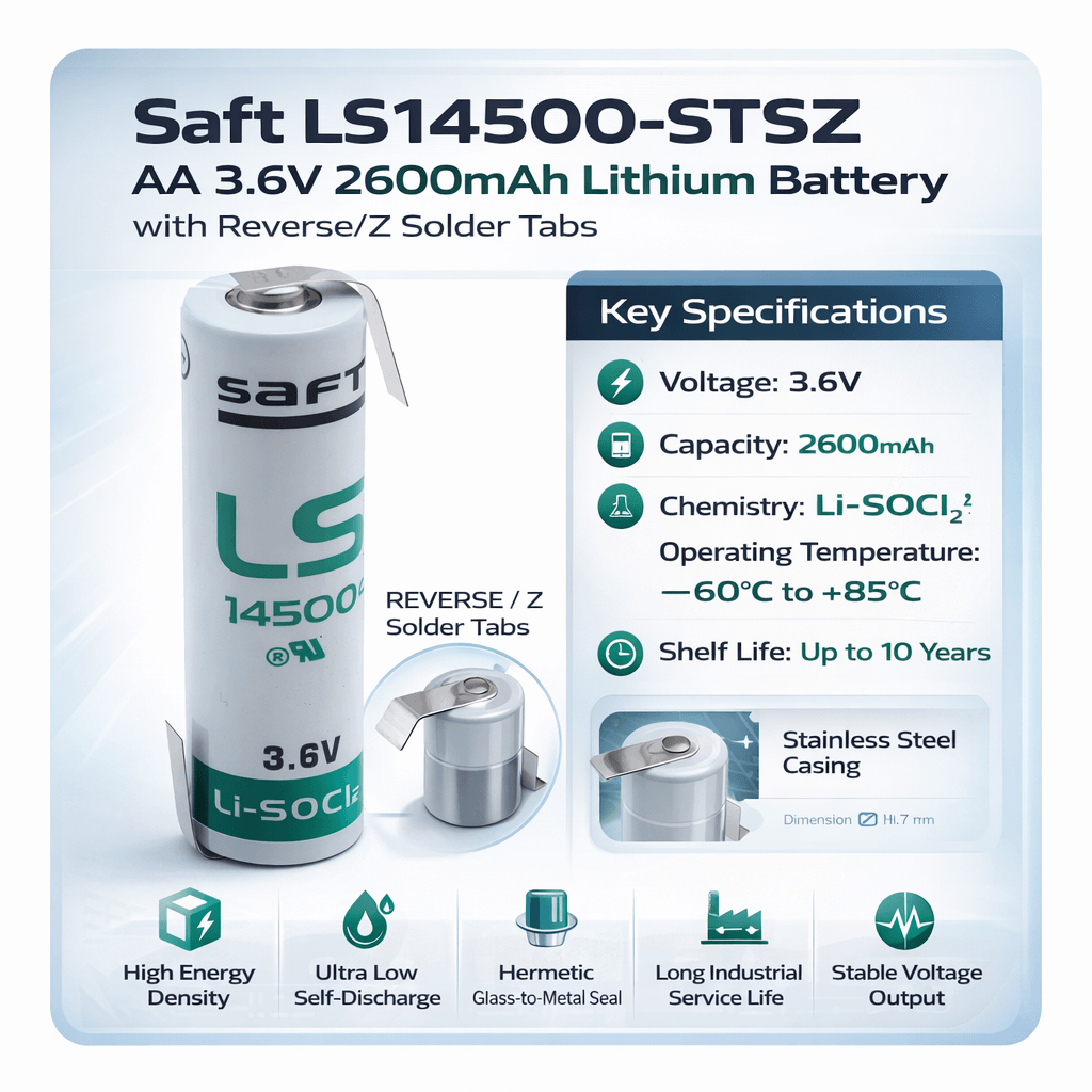 Saft Ls14500-stsz Aa 3.6v 2600mah Lithium Battery With Reverse/z Solder Tabs Saft Batteries Saft Lithium Batteries