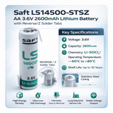 Saft Ls14500-stsz Aa 3.6v 2600mah Lithium Battery With Reverse/z Solder Tabs Saft Batteries Saft Lithium Batteries